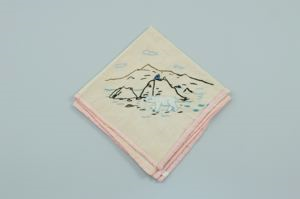 Image: Two figures hunting a polar bear, one of a set of 2 embroidered napkins with polar bear hunting scenes